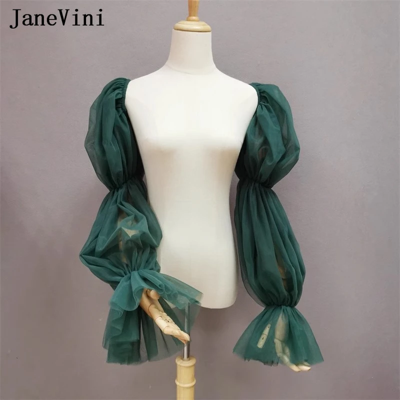 JaneVini Elegant Dark Green Cape Tulle Wedding Bolero Jacket Womens Bride Long Sleeves Detachable Arm Sleeves Gloves Shawl Wraps