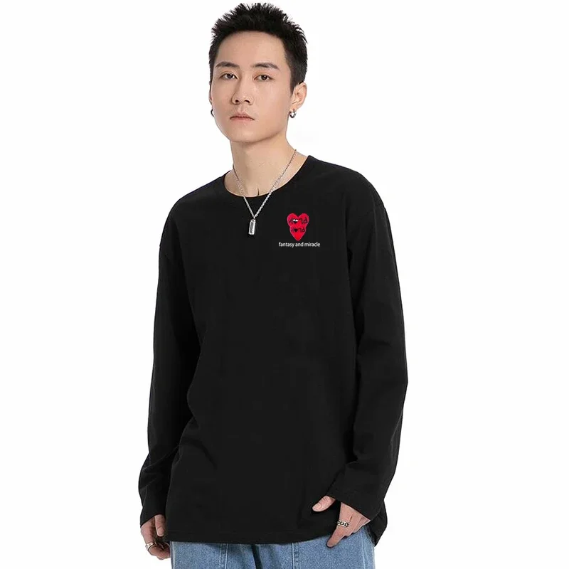 

Хлопковая футболка с длинными рукавами для мужчин и женщин, прямая однотонная хлопковая рубашка с двухслойным сердечком, вышивкой надписью, круглым вырезом, весна