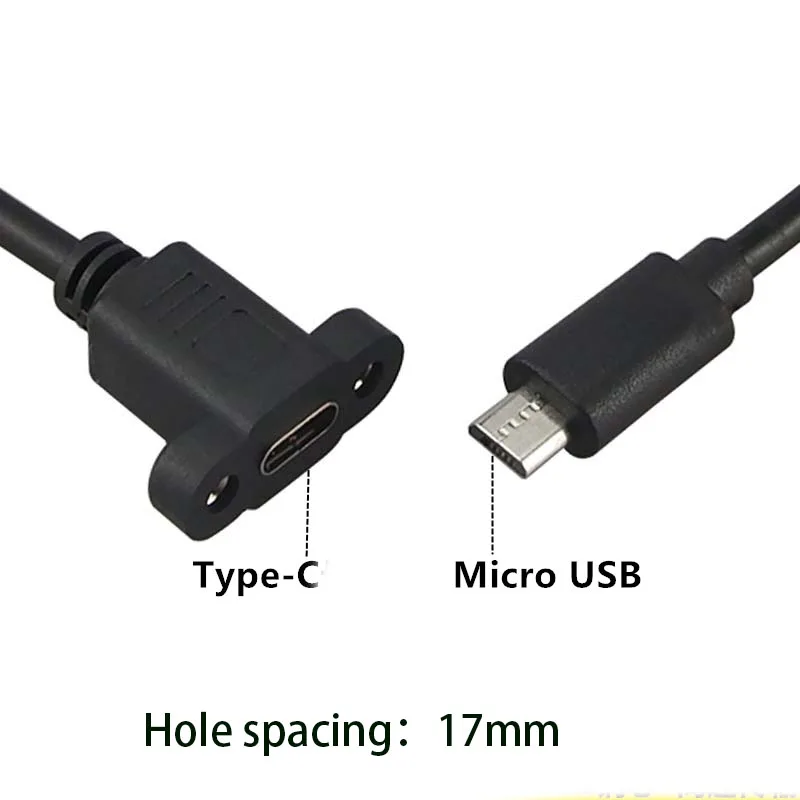 1ft Micro USB USB 2.0 Male Connector to Type-c USB 2.0 Female Extension Cable Pitch 17mm With screws Panel Mount Hole 0.3m