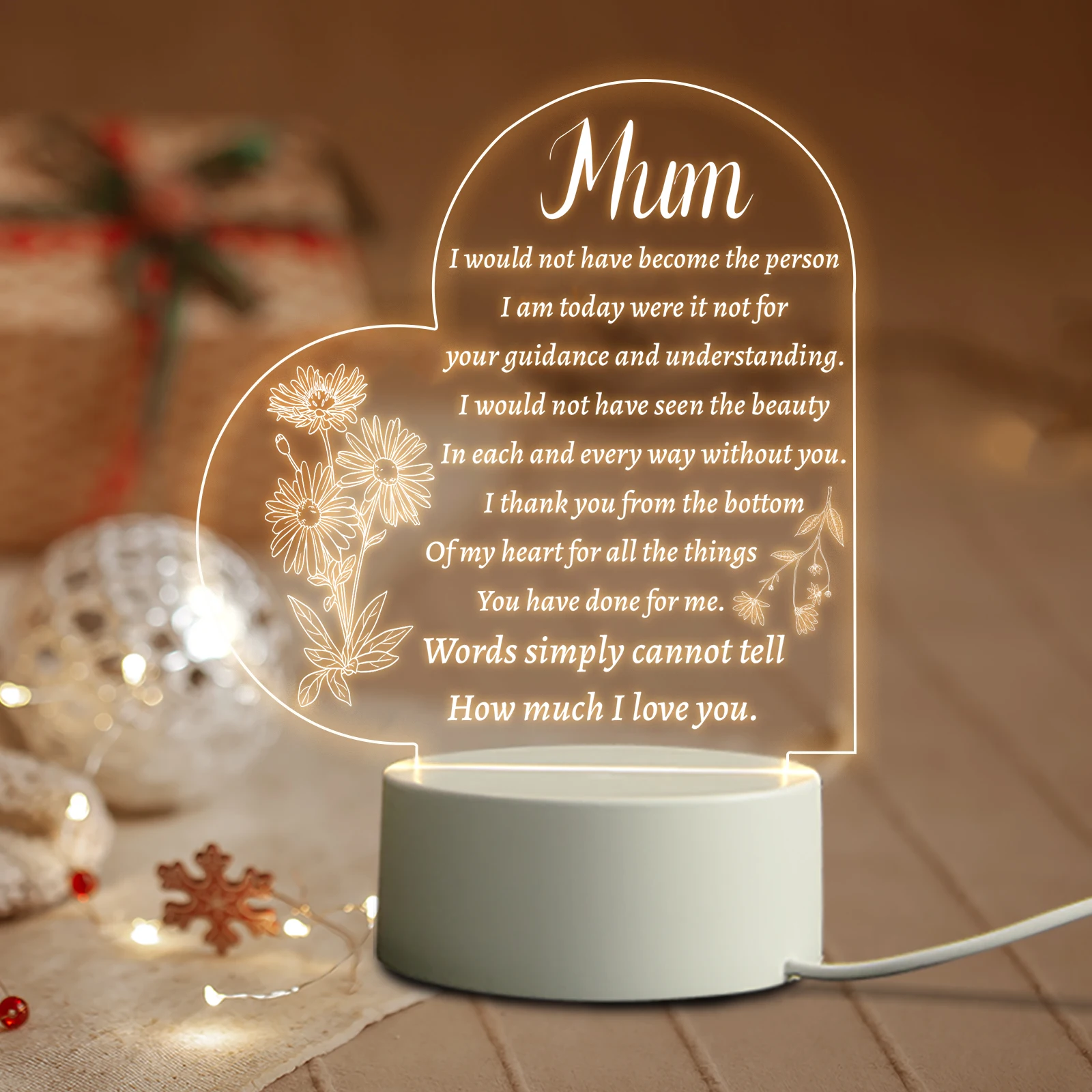 Mothers Day Gifts for Mum from Daughter Son-Acrylic USB Night Lamp-Mother's Day, Birthday,Thanksgiving,Gifts for Mum, Stepmom battery night light