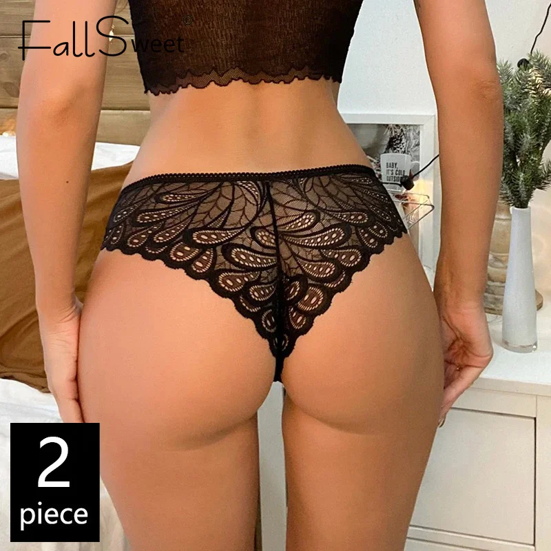 

FallSweet 2Pcs Sexy Underwear Women Lace Panties Transparent Panty Low Waist Breathable Underpants Intimate Female Lingerie