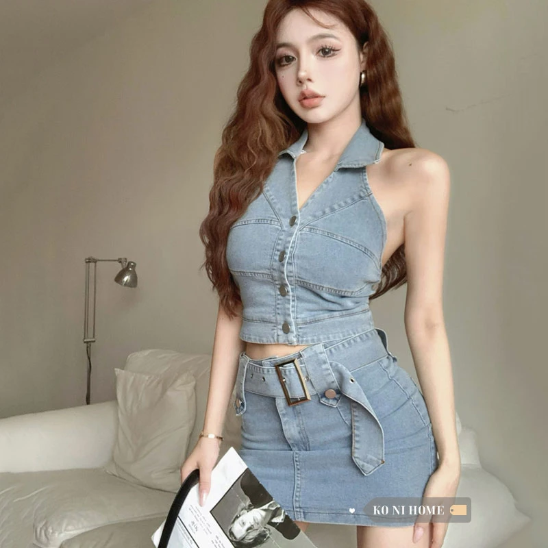 Trajes vaqueros de moda de verano mujer, Chaleco Corto mangas con solapa, falda cintura alta, Color sólido, Sexy, ajustado, conjunto de dos piezas| | - AliExpress