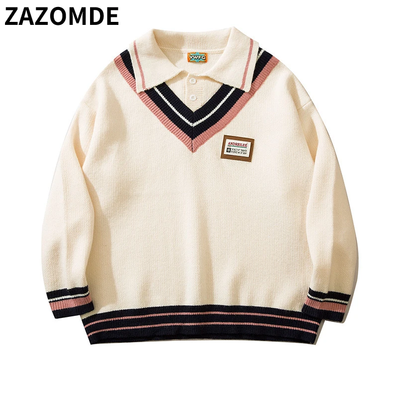 ZAZOMDE Autumn New Fake Two-piece Polo Sweater Loose Retro Knitted Cashmere Sweater Man Thick Coat High Street Couple Pullover