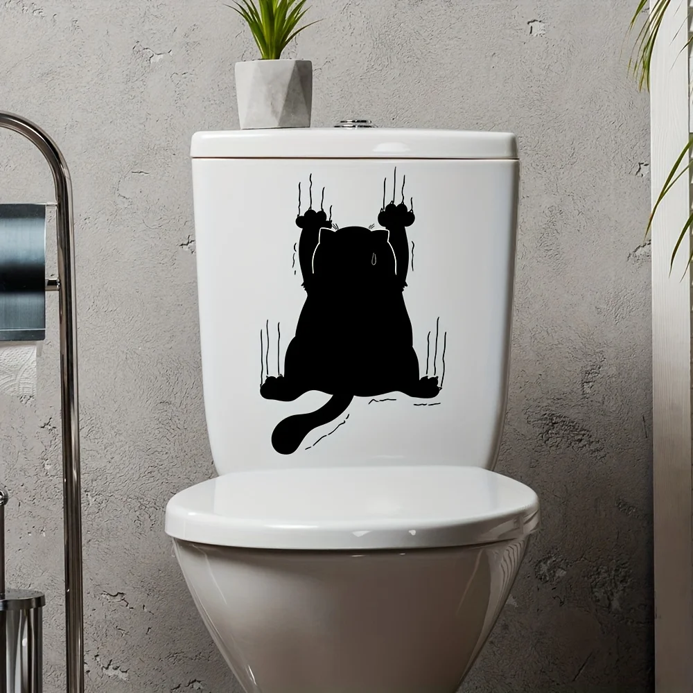 Lucky Cat Funny Black Cat Scratches Toilet Stickers Decorative Bathroom Decals Wall Stickers Self Adhesive Waterproof Home Decor toilet stickers toilet wall stickers toilet seat stickers