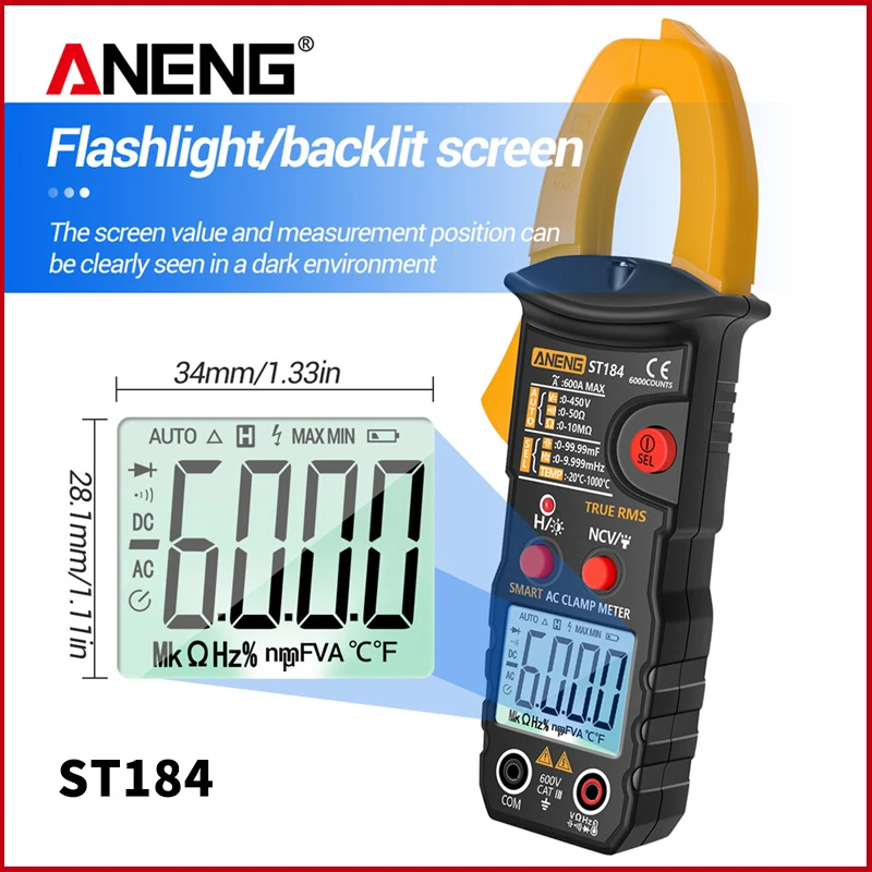 

ANENG ST184 Digital Clamp Multimeter Meter 6000 Counts Professional True RMS AC/DC Voltage Current Tester Hz Capacitance Ohm