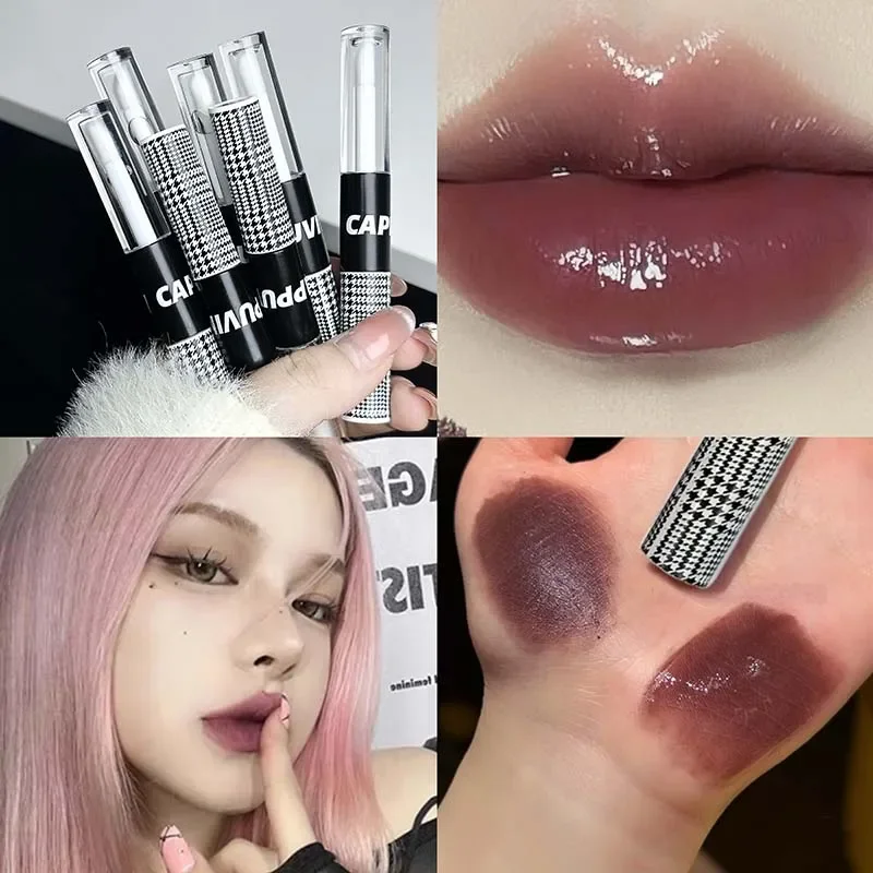 Matte Lip Glaze Double Head Mirror Lipstick Moisturizing Water Gloss Dark Raincoat Solid Color Non-stick Cup Korea Lip Makeup