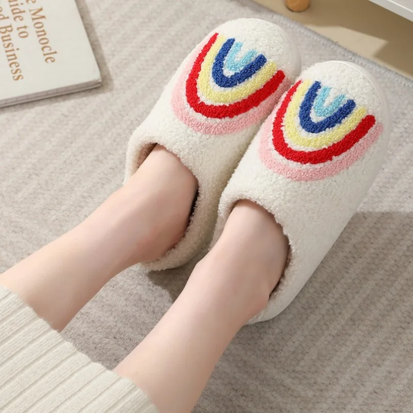 여성용 푹신한 겨울 따뜻한 무지개 재미있는 모피 플러시, 미끄럼 방지 그립, 실내 레이지 여성 룸, 홈 신발 슬라이드, 남성