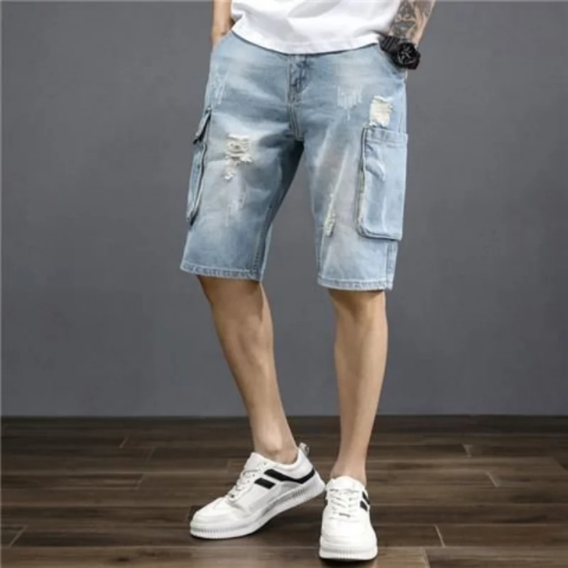 Long Knee Length Cargo Man Denim Shorts with Pockets Half Short Jeans Pants for Men Bermuda Distressed Xl Retro Buttons Thin Cut