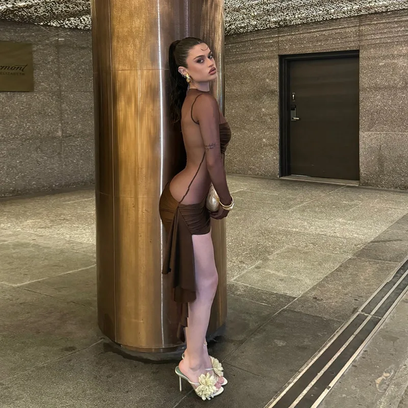 Mesh Hollow Out Sexy Mini Dress For Women See-Through High Waist Pleated Slim Bandage Gown Dress Female Y2k Mini Dress New