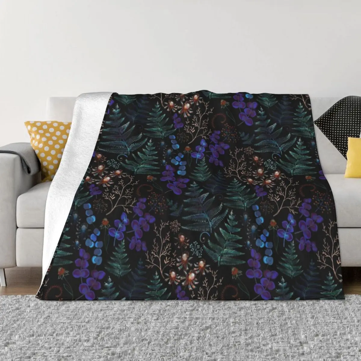 

Moody Florals с листьями папоротника на черном пледе, декоративные кровати, тепловые одеяла для пикника