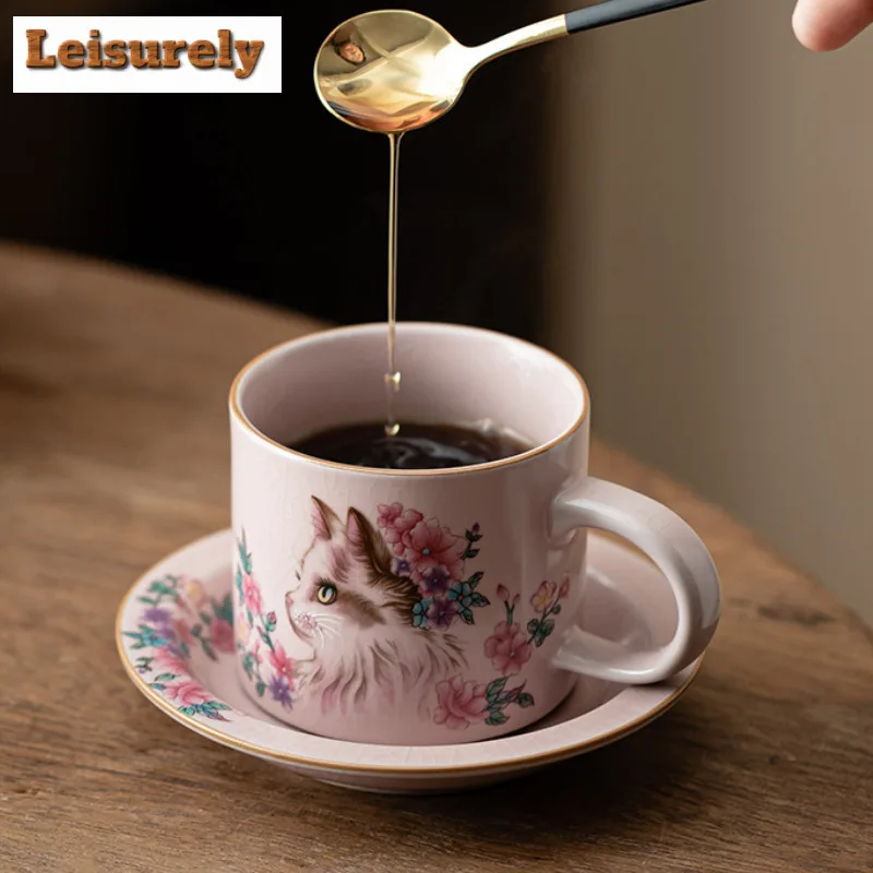 150ml Pink Ru Kiln Flower Cat Coffee Mug With Plate Beer Cup Afternoon Tea Mug Household Cup Saucer Kit Teaware Decoration Gift