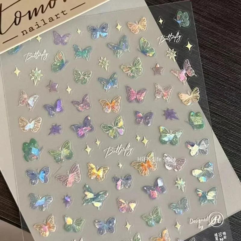 1Sheet Pink Purple Aurora Shell Butterfly Nail Stickers Shiny Laser 3D Butterflies Nail Decals Facial stickers