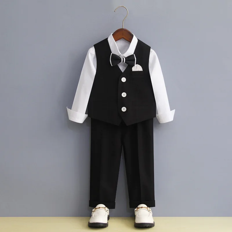 Children's Formal White Black Suit Set Boy Wedding Dress   Birthday Party Host   Performance Costume Kids Blazer Pants Bowtie