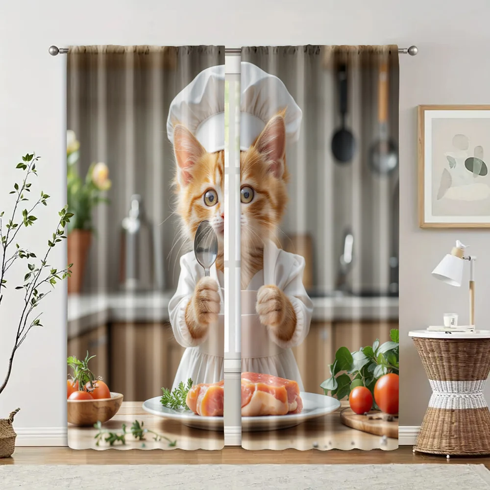 2pcs, Curtains Digital Printed Cat Chef Theme Durable Polyester (without rod) Decorations Outdoor Ldeal for Bedroom, Living 2