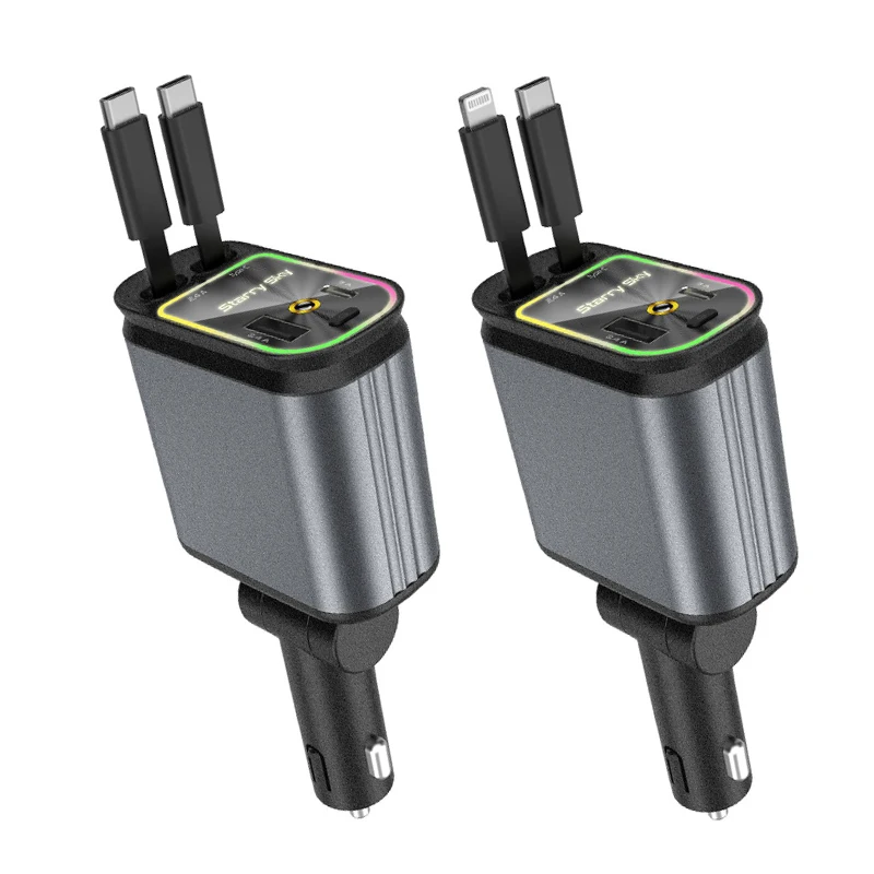 Caricabatterie Da Auto Retrattile 4 In 1 120W – Cavi Integrati USB-C E USB-A, Display Tensione, Ricarica Rapida PD E QC 3.0