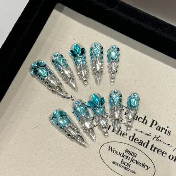 10pcs Handmade Press On Nails Luxury Full Flash Diamond Decor False Nails Long Stiletto French Style Fake Nail For Women Girl 1