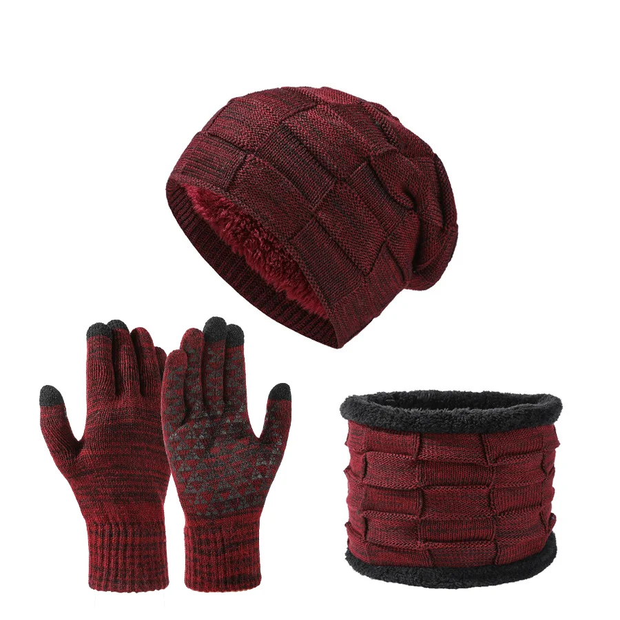 Unisex Autumn Winter Warm Soft Fleece-lined Knitted Hat Scarves Touch Screen Gloves 3-Piece Set