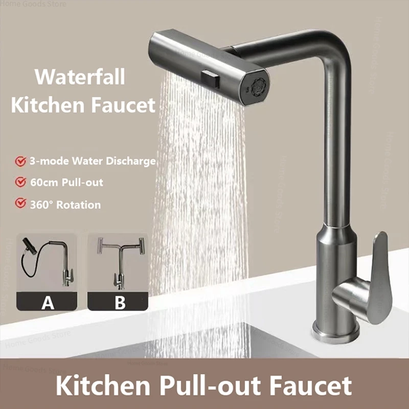 Puxe as Torneiras de Cozinha de Rotação Waterfall Stream Sprayer Head Sink Mixer Quente e Frio Único Furo Sink Wash Tap Modos