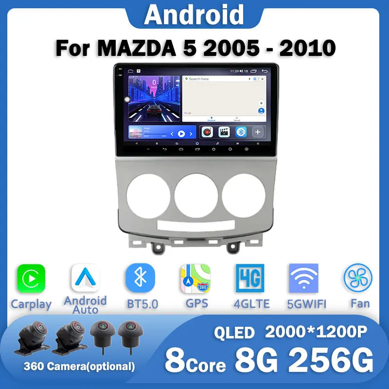 9'' Android 14 IPS/QELD For MAZDA 5 2005 2006 2007 2008 2009 2010 Car Radio Multimedia Video player Navigation GPS 4G Carplay