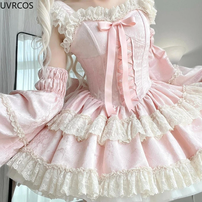 Sweet Elegant Lolita Princess Dress Women Kawaii Cute Lace Ruffles Bow Slim Dresses Japan Harajuku Y2k Evening Party Mini Dress - Image 6