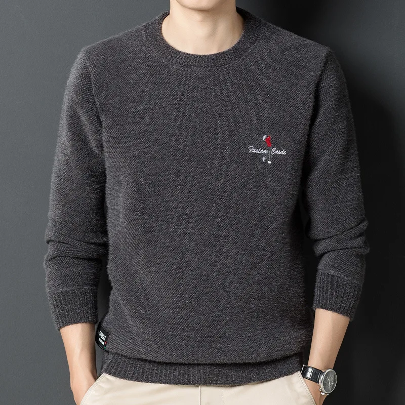 Winter Chenille Men's Sweater Fleece-lined Thickened New Knitted Embroidered Warm Top Popular