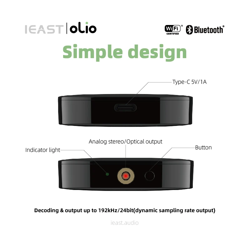 IEAST Olio WiFi 2.4G/5G& Bluetooth Receiver 5.0 Wireless Auido Multiroom Airplay 2 Music Streamer Tidal Connect