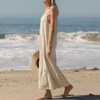 Abito da donna Vintage 100% cotone Sexy con spalline sottili Casual allentato Holiday Beach Long Midi Party abiti eleganti per le donne 2024 1