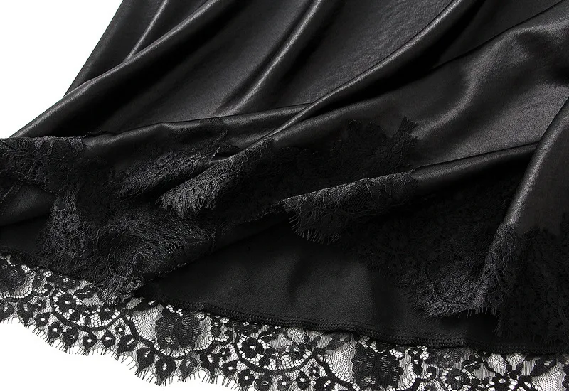 New In Summer Lace Patchwork Satin Long Skirt For Women 2026 Elegant Fashion High Waist A-line Black Skirts