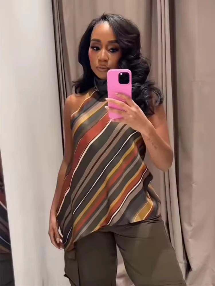 New Halter Tops Fashion Backless Stripe Elegant Crop Top Woman Sleeveless Asymmetry Short Tops For Women High Street Casual Tops