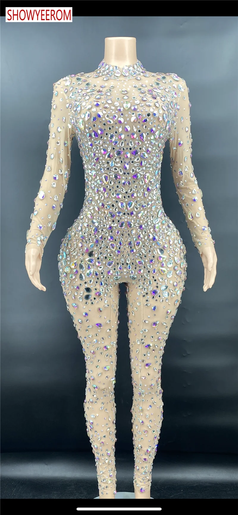 Rhinestones Jumpsuit Long Sleeves Stretch Sexy Bodysuit Women Birthday