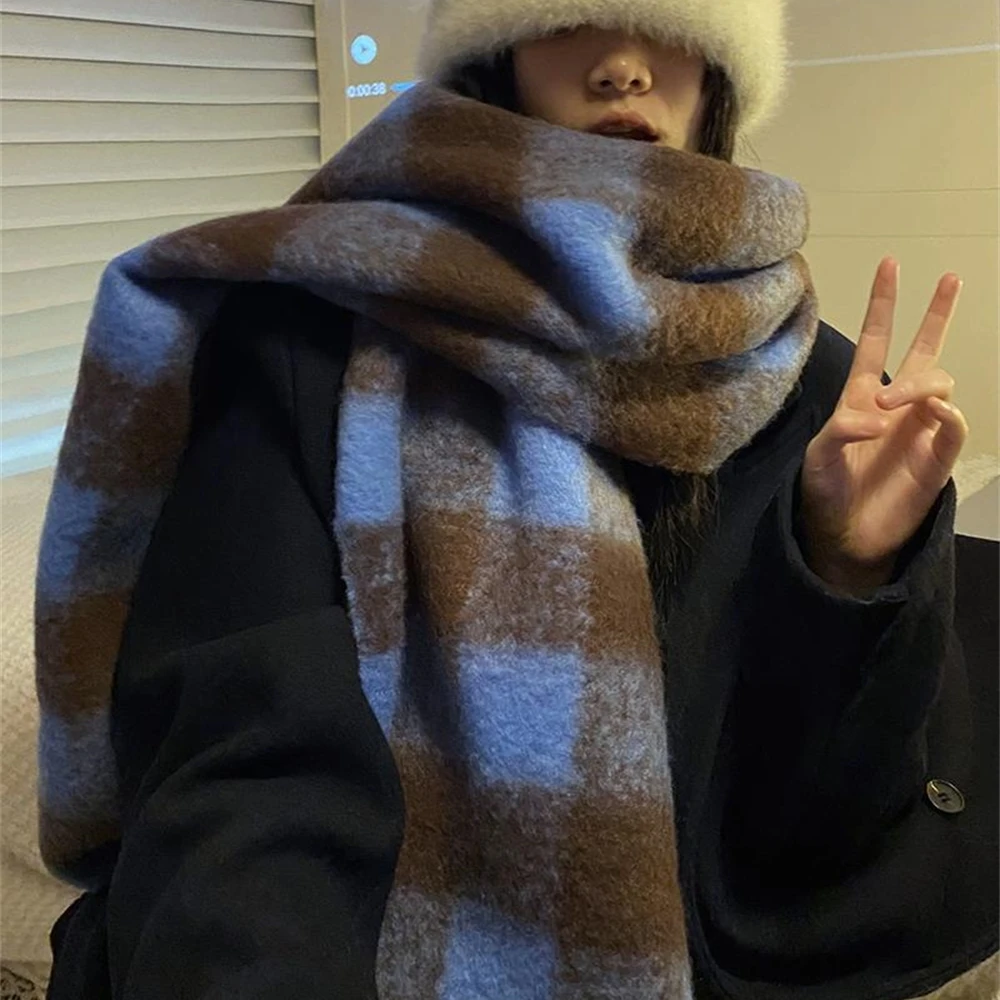 Luxury Mohair Scarf Winter Plaid Imitation Cashmere Scarves Shawl Women's Thicken Geometry Neckerchief Designer Bufanda Invierno 6