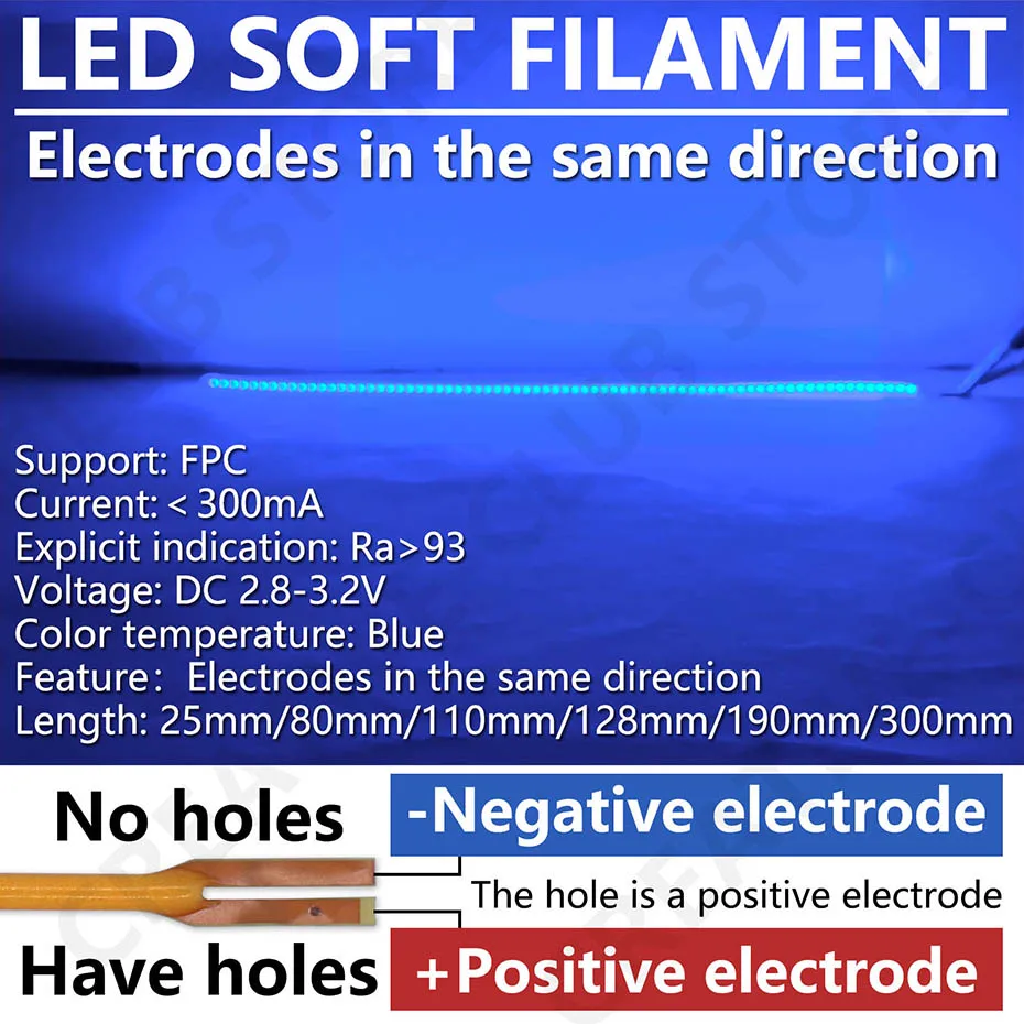 LED-Filament, flexibel, DC3V, 25, 80, 110, 128 190, 300 mm, DIY-Edison-Glühbirne, Lampenteile, Diode, freier Schnitt, flexibles Filament + – auf einer Seite – Detail 9