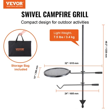 VEVOR Swivel Campfire Grill, Portable Fire Pit Grill Grate,360° Adjustable Open Fire Outdoor Cooking Equipment, for Camping BBQ 2