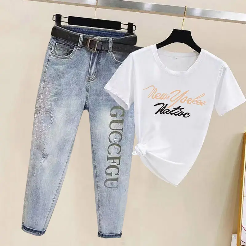 Spring/Summer 2023 New Letter Loose Slim Small Feet Haren Pants+Fashion Korean Short Sleeve T-shirt Jeans Two Piece Set
