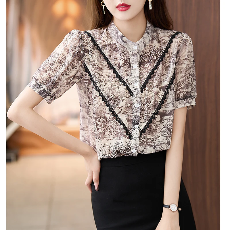 Summer Retro Ink Printing Short Sleeve Female Shirt Lace Patchwork Single-Breasted Vintage Woman Chiffon Shirts Elegant Blouses