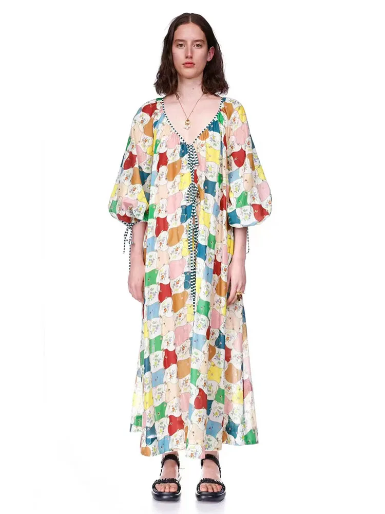 

y2k summer loose print drawstring lacing round neck medium sleeve long dresses2023 fashion casual chic and elegant woman dress