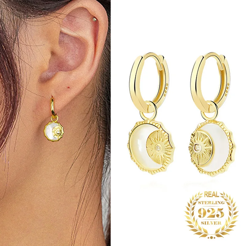 

Vintage Elegant White Shell Zircon Sun Shape Circle Charm Drop Earrings Hoop for Women Sterling Silver 925 Trendy Fine Jewelry