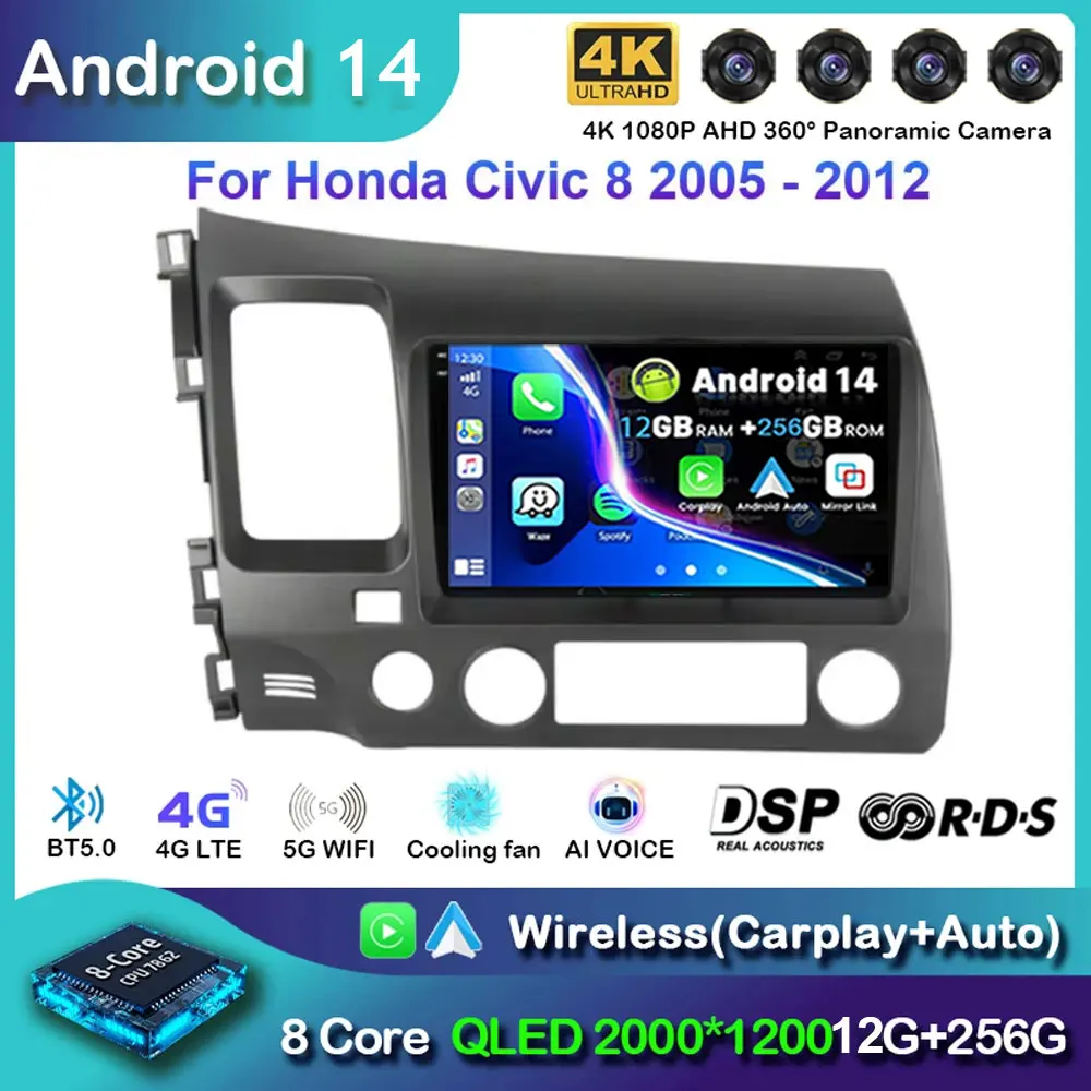 8 Core 4G 64G CarPlay Radio For Honda Civic 2006-2011, Rimoody Android 13 Car Stereo GPS 4G-WiFi Android Auto Mirror Link 10.1 Inch Touchscreen Bluetooth FM/RDS DSP-36 59-UI Themes AHD Backup Camera