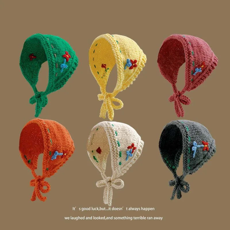 Japanese Sweet Girl Handmade Hooked Flower Knitted Headband Cute Versatile Warm Ear Protection Triangle Scarf Earmuffs warm earmuffs
