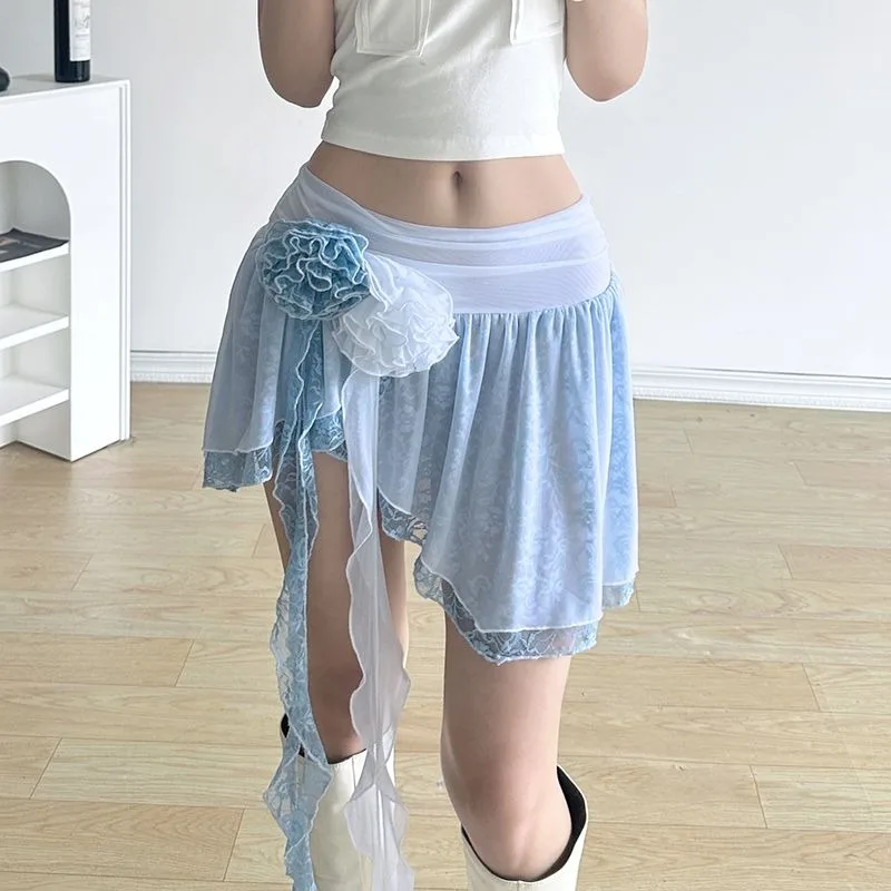 

French Rose Ribbon Mesh Double Layer Semi Asymmetric Skirt Women Lace Splice Spicy Girl Sweet Fashion Princess Slim Summer Wear