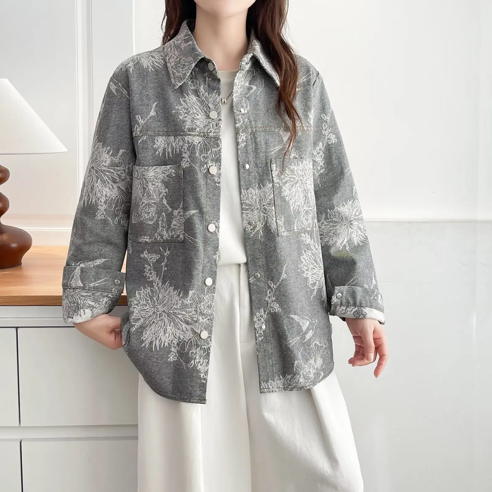 Plus Size Women's Denim Shirt 2025 Autumn New Jacquard Jacket Vintage Fashion Blouses 015