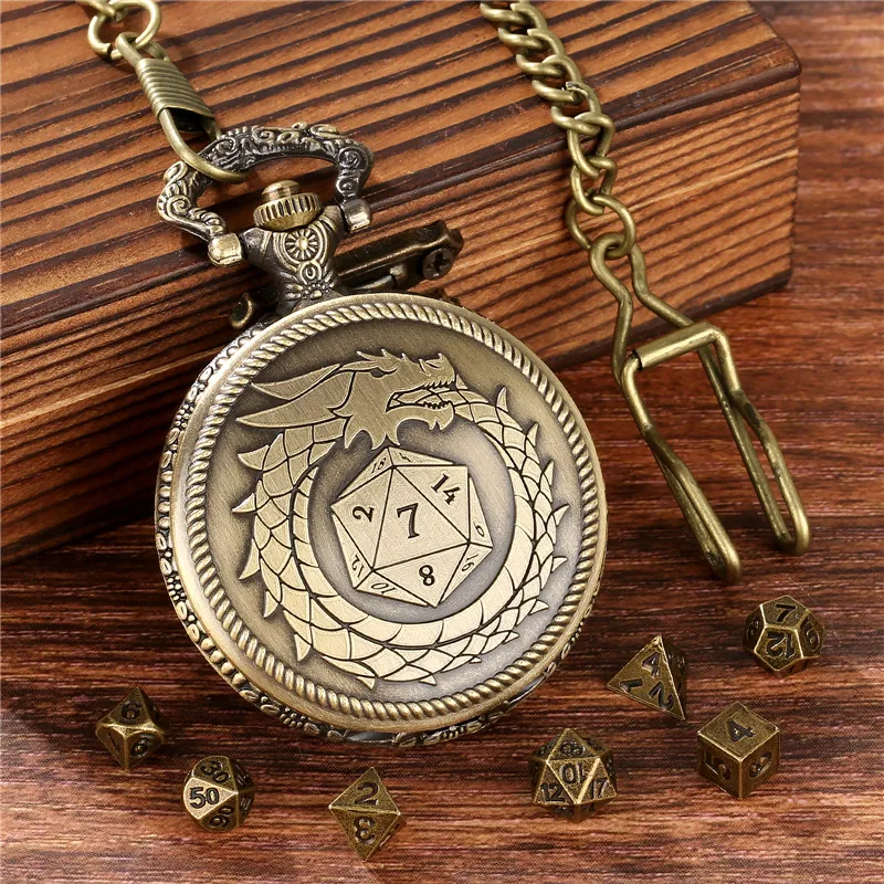Pocket Watch Chain Bronze 7pcs Metal Polyhedral Dice Role Play Gaming Dices With Cool Dragon Pocket Watch Case Pendant FOB Chain Game Accessory