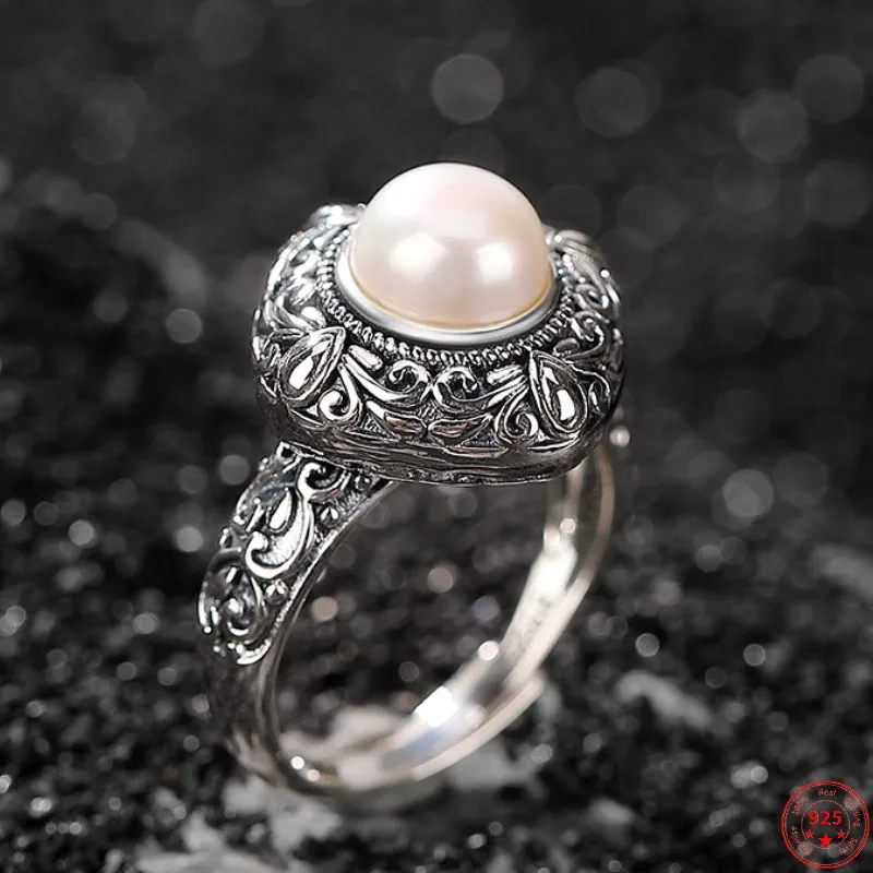 

Genuine S925 Sterling Silver Rings for Women New Fashion Round Freshwater Pearl Vintage Eternal Vine Rhombus Ring Adjustable