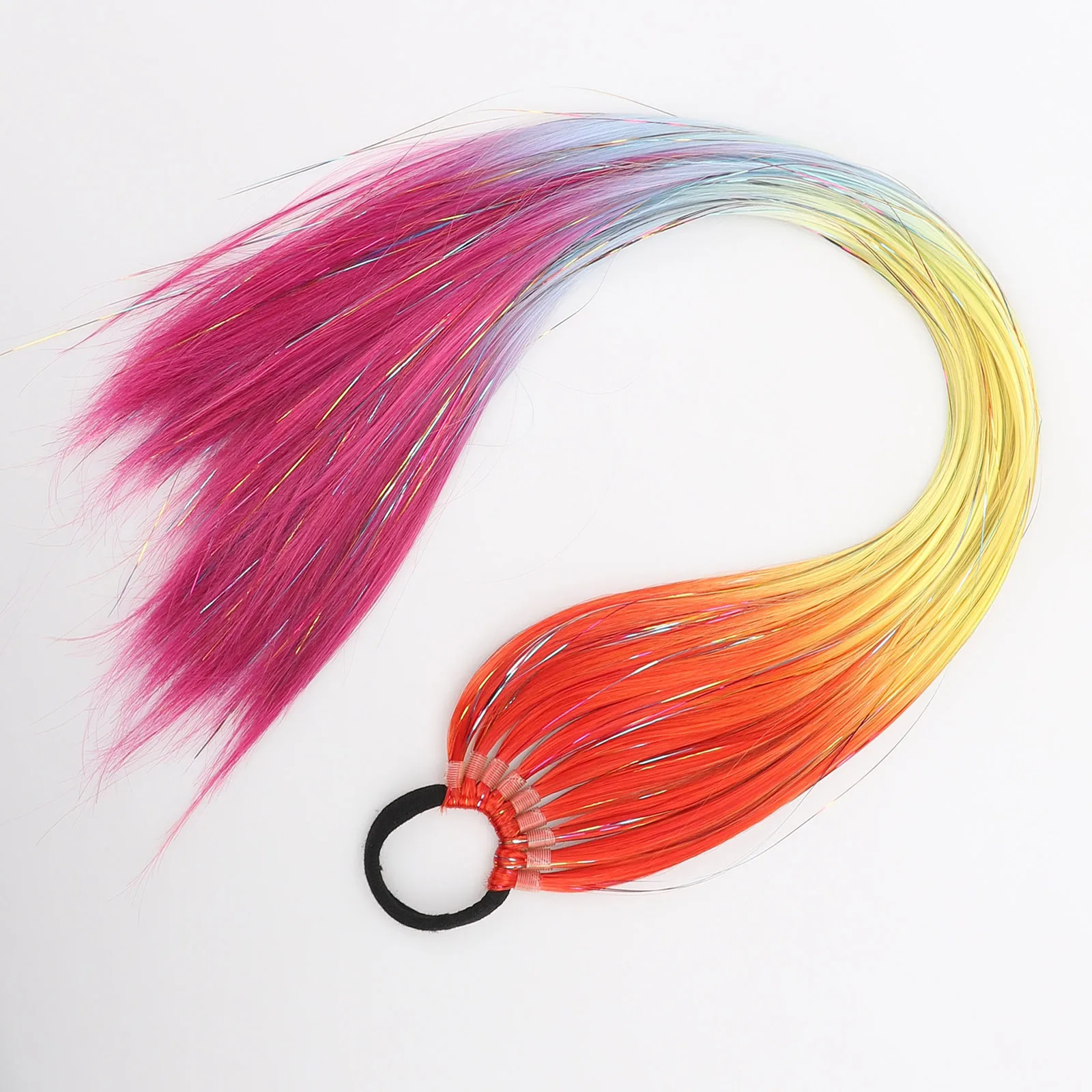 고무줄 포니테일 헤어 익스텐션 무지개 화려한 글리터 반짝이 합성 소녀 헤어 액세서리 귀여운 반짝이는 파티 장식