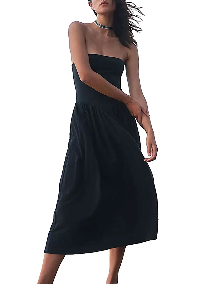 

Women Midi Dress Summer Strapless Patchwork Solid Color Dress Elegant Sleeveless Bakcless Tube Dress