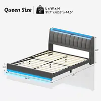 Queen Bed Frame with Storage Headboard & LED Lights, Upholstered Bed Frame Queen Size with Charging Station 2