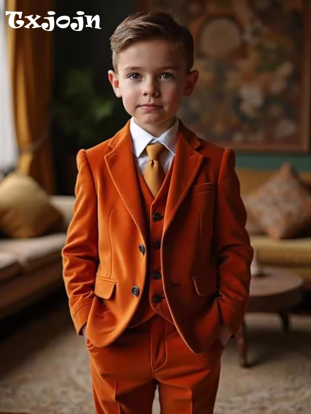Velvet Boys Suits 3 Pieces Piano Performance Wear Notched Lapel Kids Suit Set Wedding Outfit