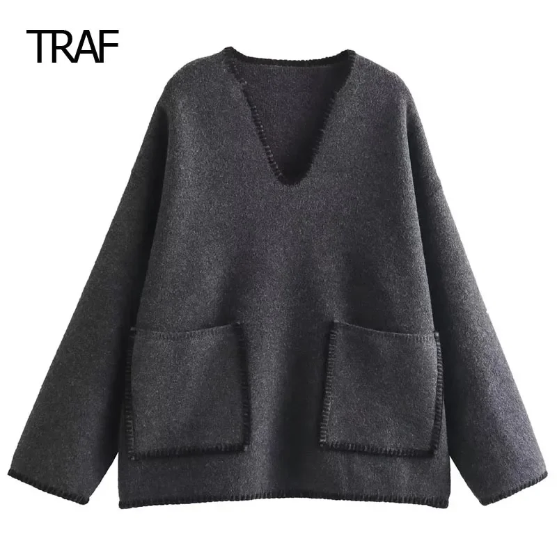 

TRAF Women's Sweater Autumn Winter Topstitching Contrast Sweater V-Neck Pullover Long Sleeve Top Elegant Women's Sweater Novelty