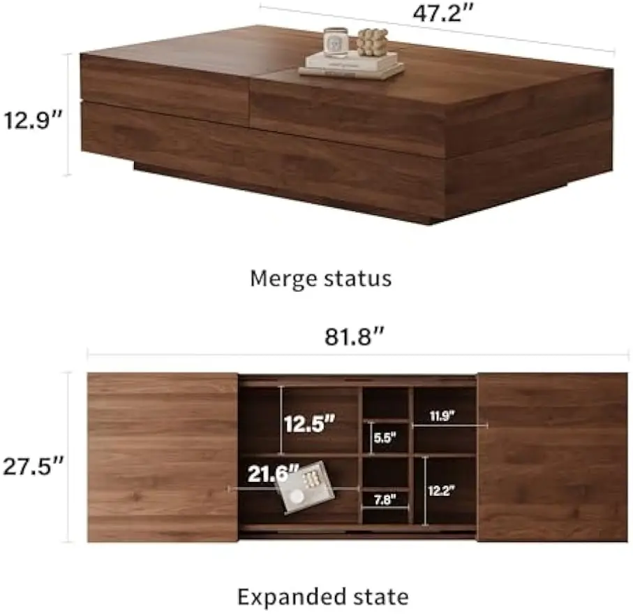 Modern Expandable Coffee Table (47.2"-81.8" Adjustable Centerpiece),Center Table with Large Storage