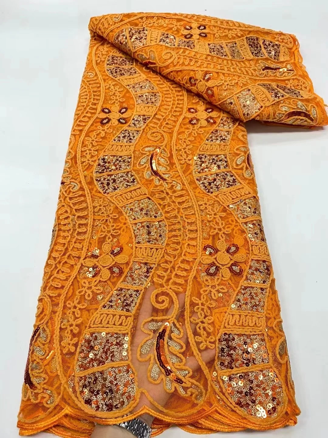 

African Lace Fabric High Quality Nigerian Fabric for Clothes French Mesh Sequins Material Fabric Orange Lace Fabric 5 Yards